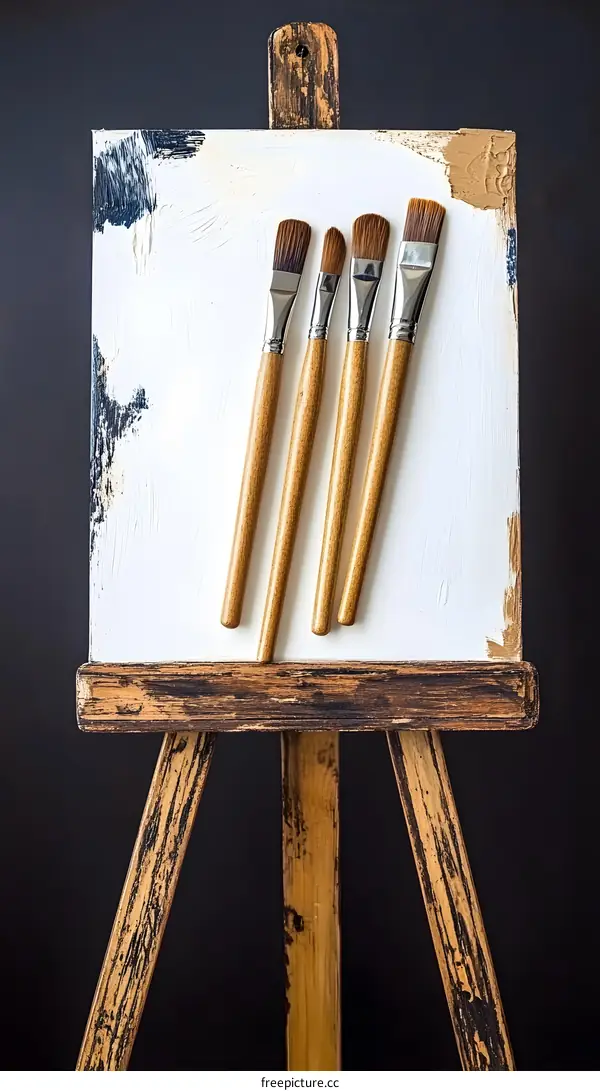 Wooden Easel with Paintbrushes on Canvas
