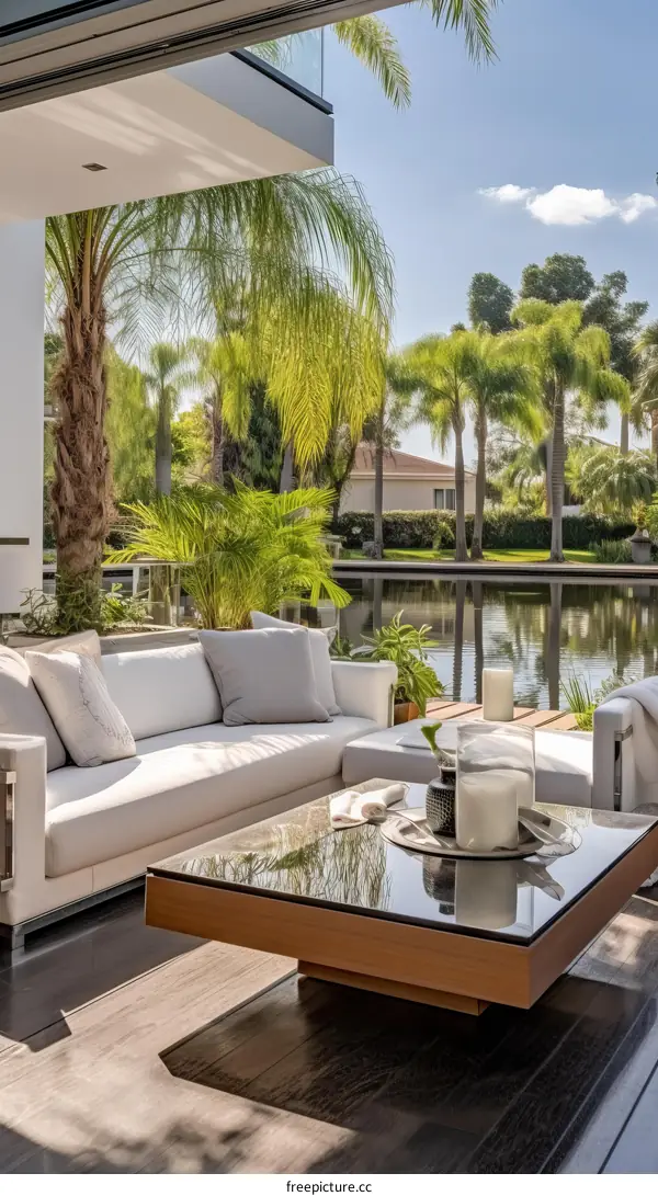 Modern House with Expansive Windows, Terrace with Sofa and Table