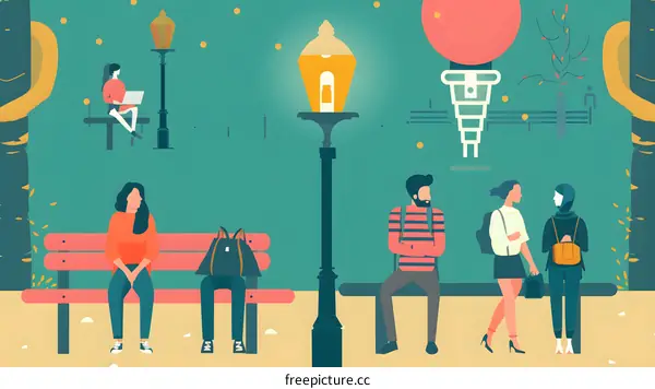 People Sitting On Bench In Park With Street Lamp