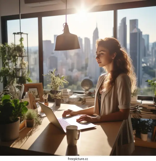 A woman is sitting at a desk in an office looking out at the city.