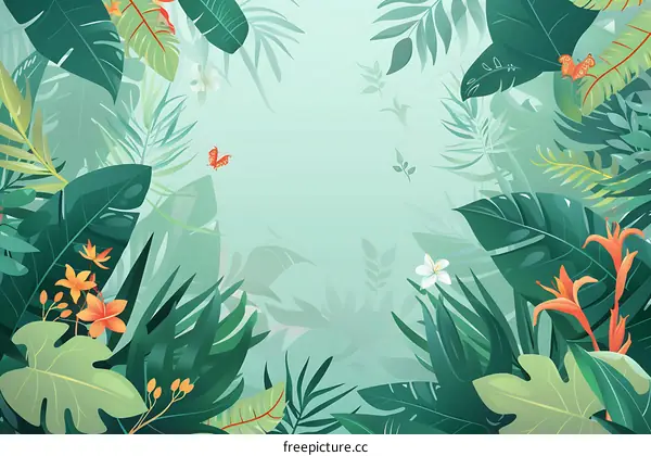 Tropical Green Leaves Background Design With Butterflies