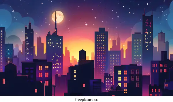 Nighttime City Skyline with Moon and Stars Illustration