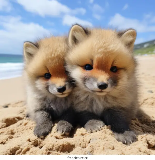 Two Cute Fennec Fox Cubs Resting on Sandy Beach