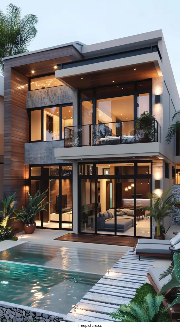 Modern Villa with Swimming Pool at Dusk