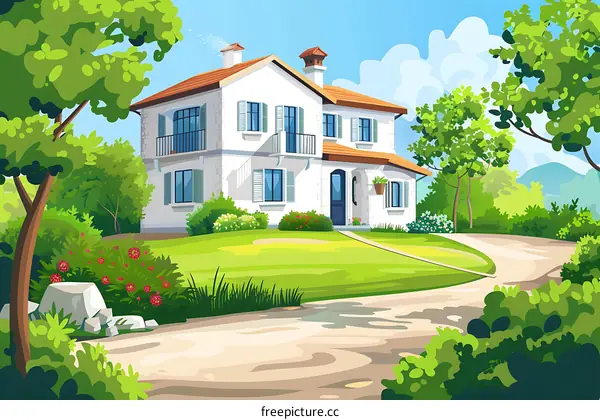 White House with Green Grass and Trees