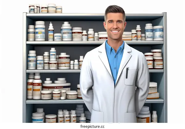 Pharmacist standing in front of shelves of medication