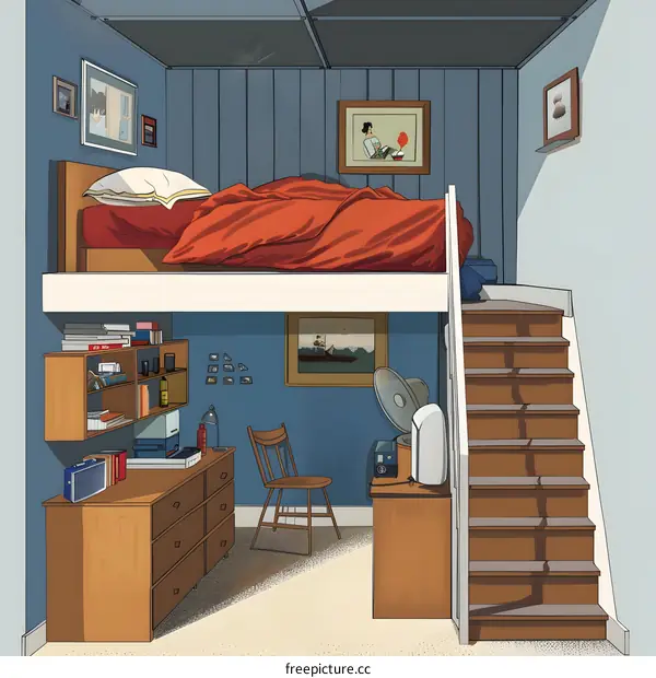 Cartoon Illustration of a Small Bedroom with a Loft Bed