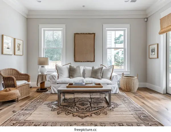 A cozy living room with a large sofa, coffee table, rug, and wicker chair
