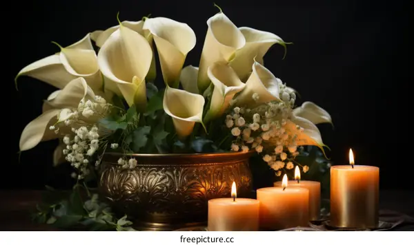 Elegant white calla lilies and candles composition