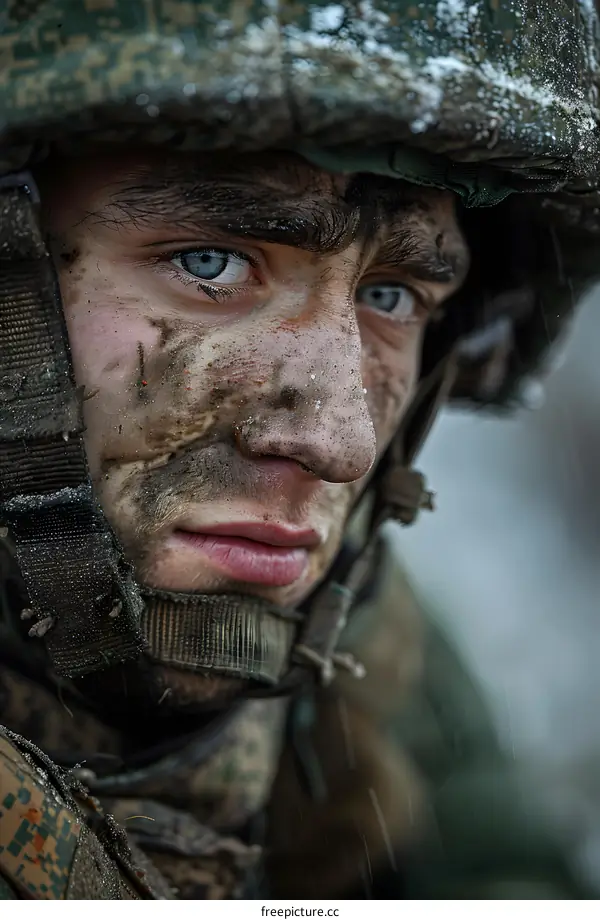 Closeup Portrait of a Soldier Covered in Mud