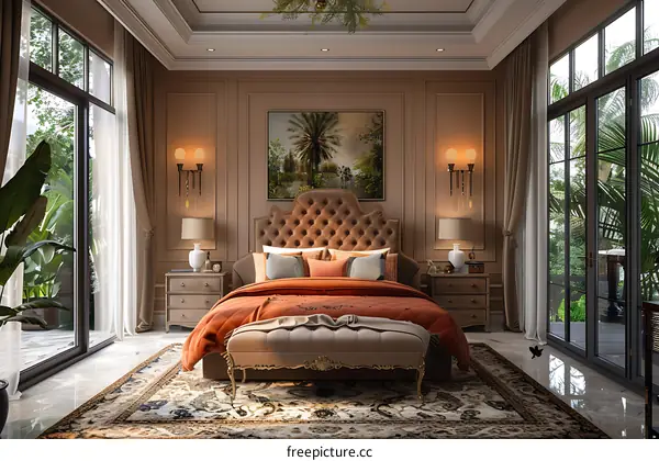 Bedroom decoration with palm tree headboard painting