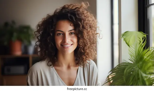Portrait of a young woman with curly hair smiling