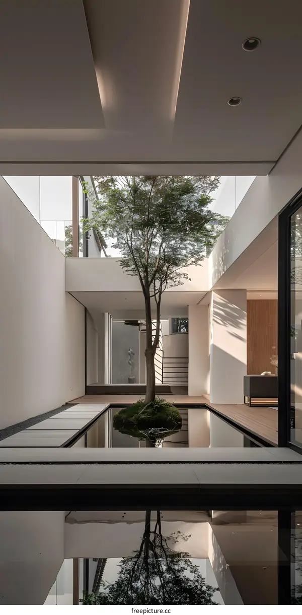 Modern Minimalist Courtyard with a Pond and a Tree
