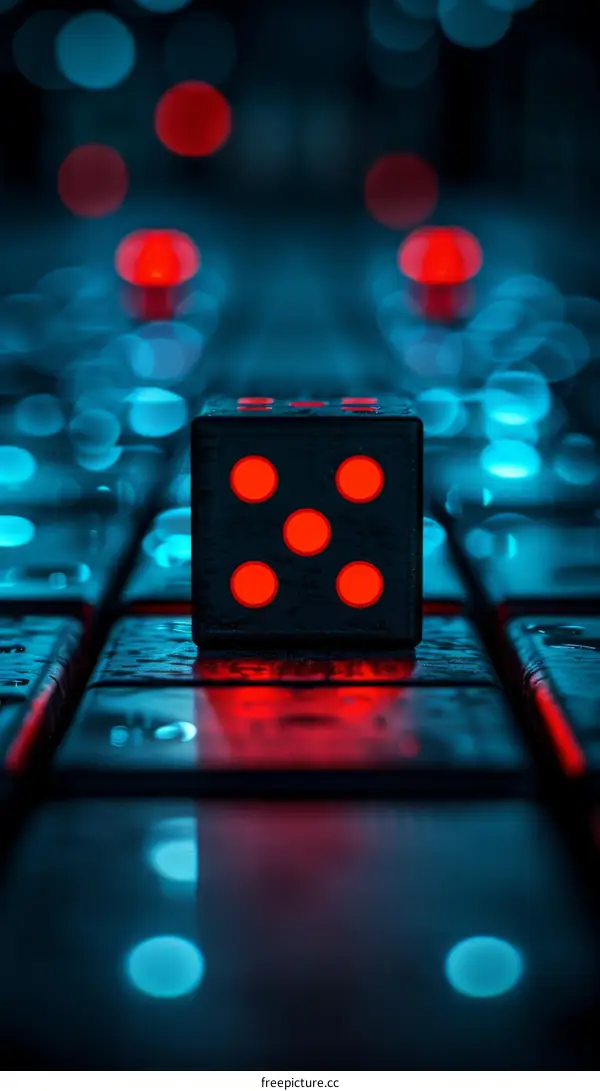 Black and red glowing dice on a dark blue background