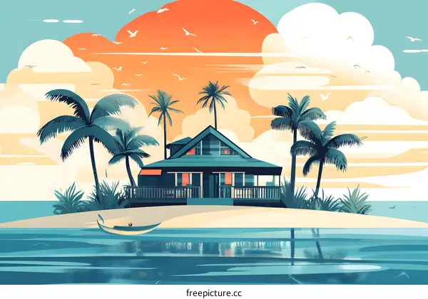 Tropical Island House Illustration with Palm Trees and Sunset