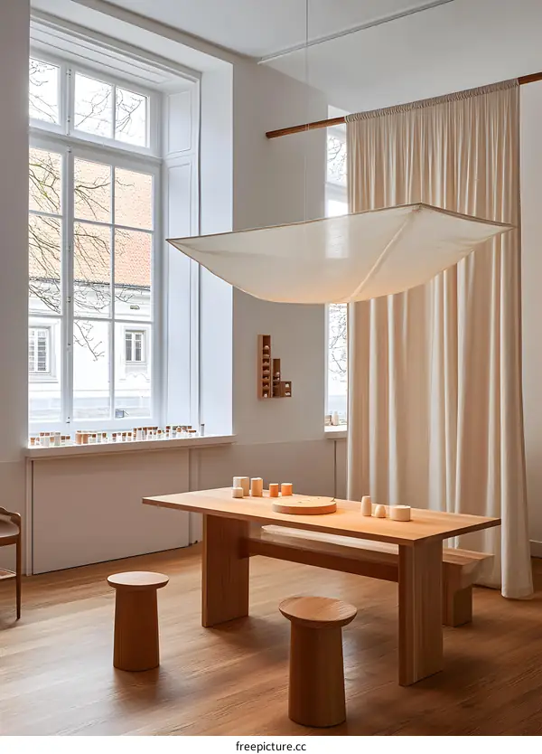 Minimalist Interior Design with Wooden Table and Stools