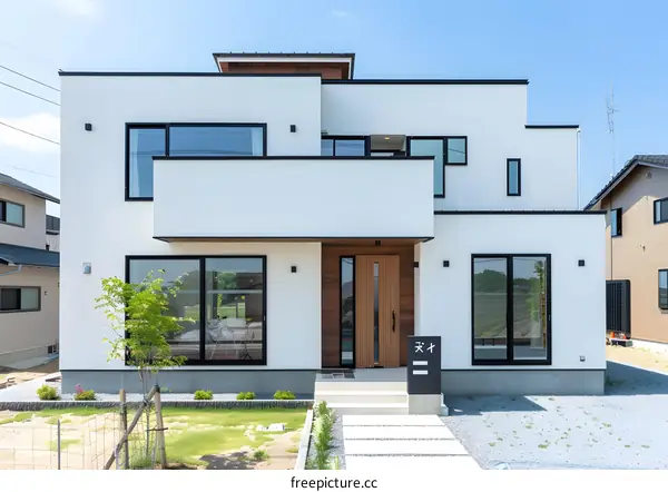 Modern White House with Wooden Door and Black Windows