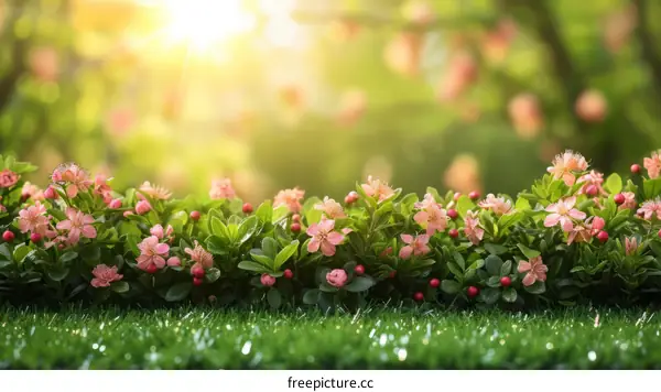 Pink flowers and green leaves with a blurred background of sunlight and trees