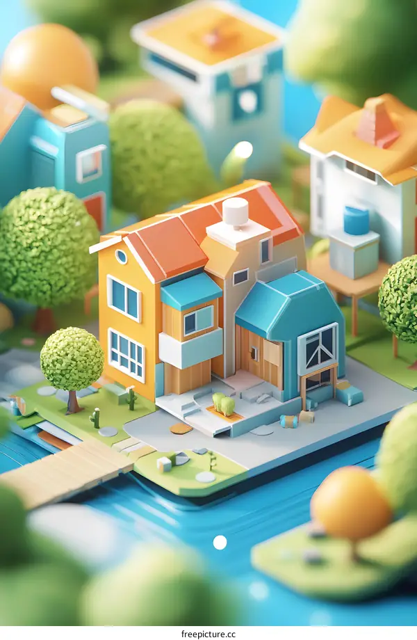 Colorful 3D Illustration of a Miniature Town with Houses and Trees