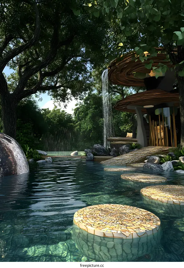 Zen Garden with a Waterfall and a Pool