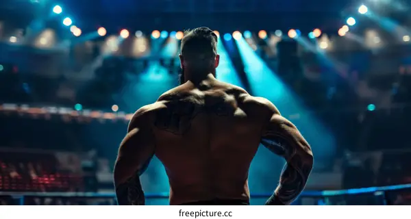 A muscular man with tattoos on his back and arms stands in a boxing ring, ready to fight.