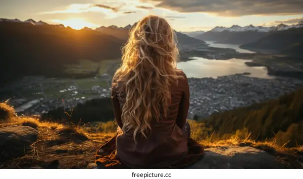 woman looking at sunset over mountains