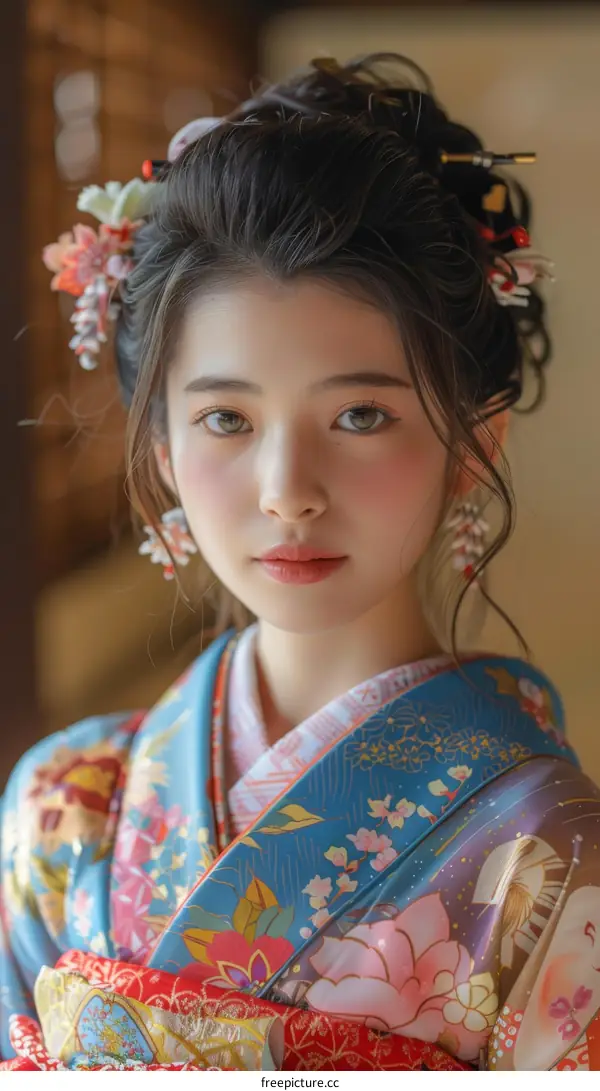 Portrait of a beautiful Asian woman in traditional Japanese kimono