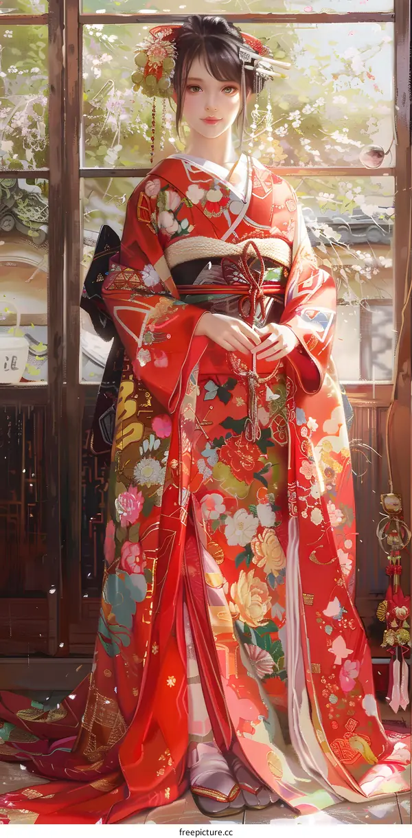 A woman wearing a red kimono with floral patterns standing in a traditional Japanese room
