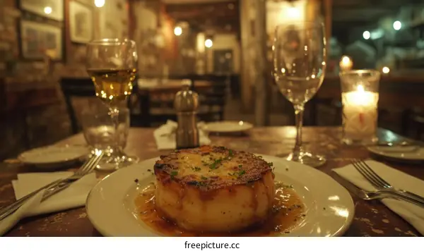 A delicious-looking plate of food with a candle on the table