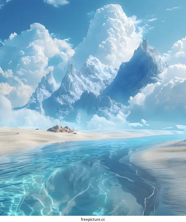Fantasy landscape with floating islands and blue water