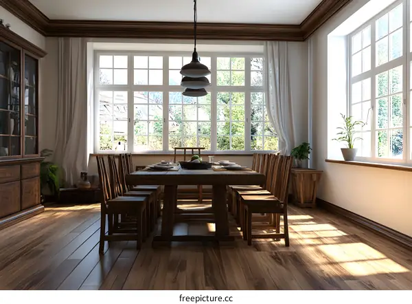 Rustic Wooden Dining Table and Chairs in a Room with Large Windows