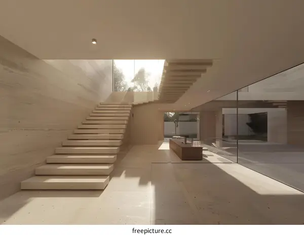 Modern Minimalist House Interior Design with Stairs and Glass Wall