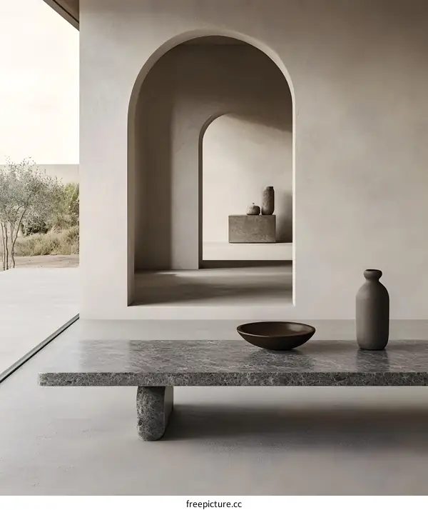 Minimalist Interior Design with Arched Doorways and Stone Table
