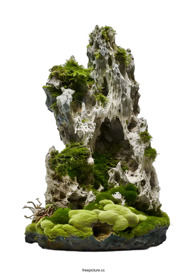 [Transparent Background PNG]Green Moss Covered Rock Formation