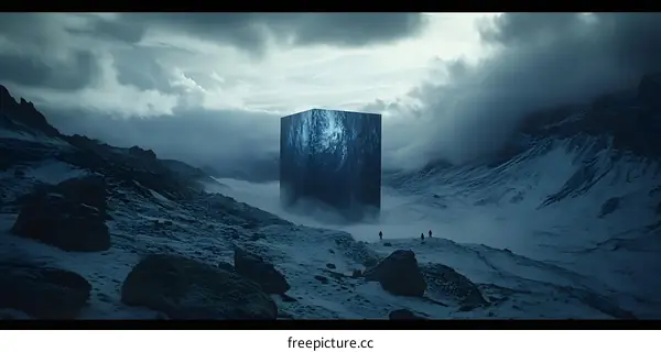 Mysterious Black Cube in a Snowy Mountain Landscape