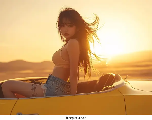Woman in a Yellow Convertible at Sunset
