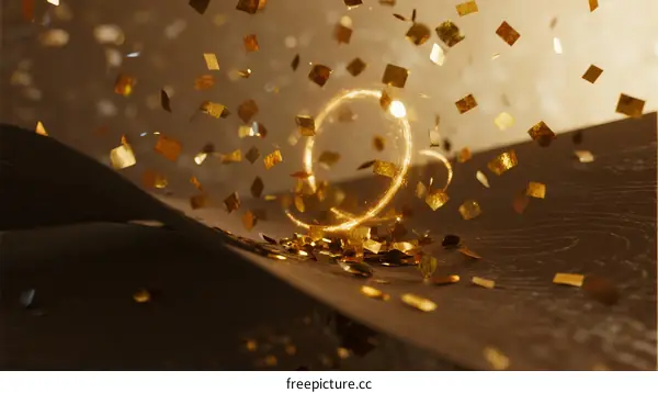 Golden confetti scattering against dark background with glowing light effect