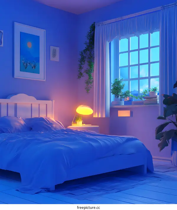 Blue Bedroom with Window and Night Sky