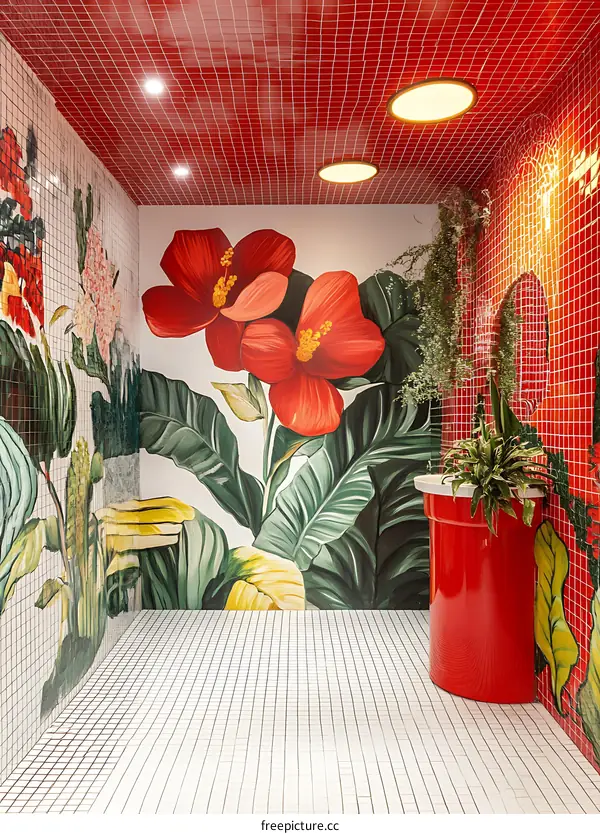 Tropical Themed Bathroom with Red Tile and Floral Mural