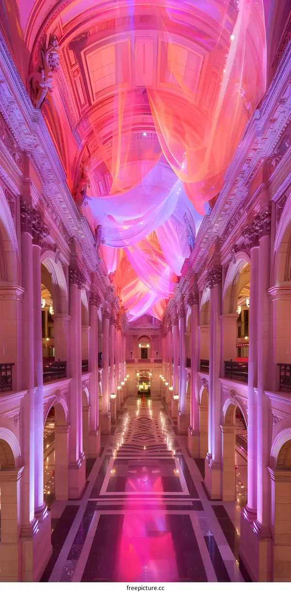 Pink Drapery Decorated Hallway With Columns