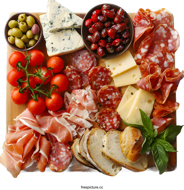 [Transparent Background PNG]Top view of delicious antipasto platter with different types of cheese, salami, olives, tomatoes, basil and bread