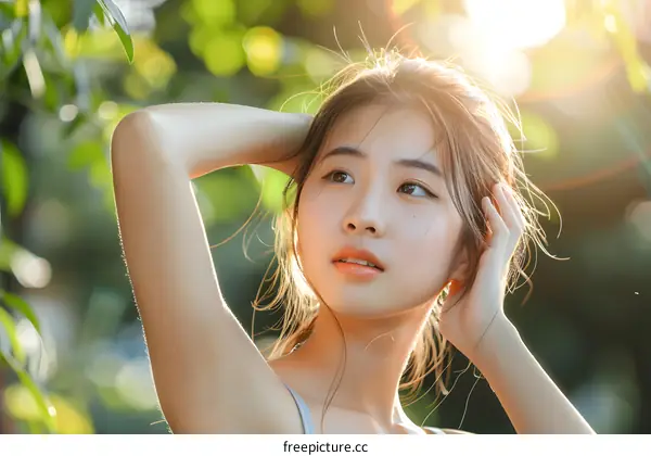 Portrait of a Young Asian Woman with Sunlight in Her Hair