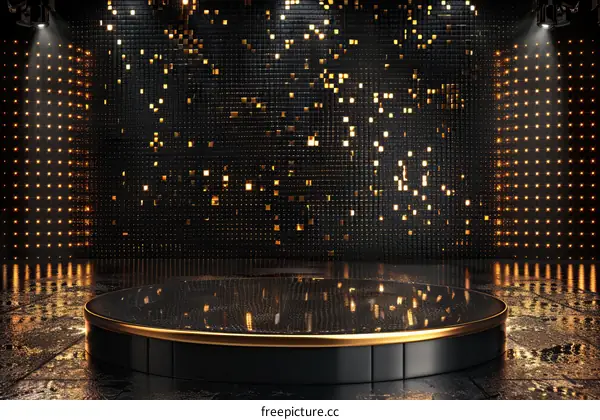 Black and Gold Stage Illuminated by Spotlights