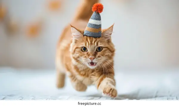 A ginger cat wearing a birthday hat is running towards the camera
