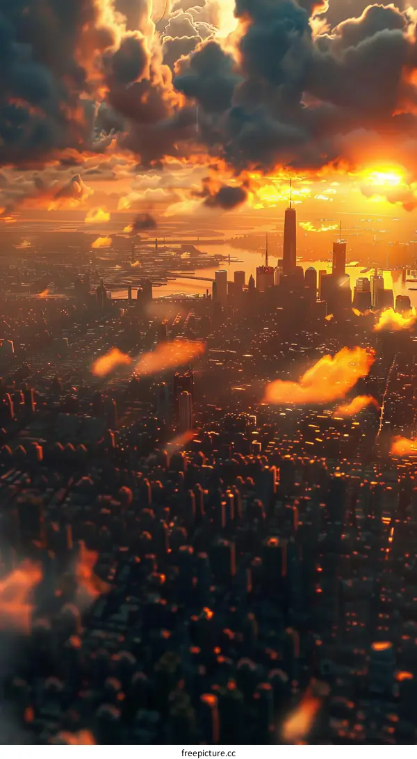 New York City Skyline at Sunset with Dramatic Clouds