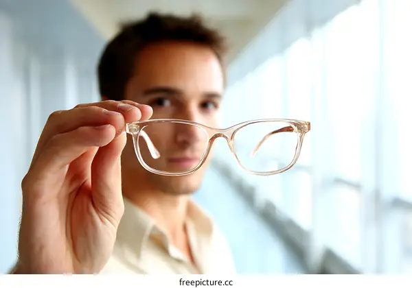 Man Holding Up Eyeglasses Examining Vision
