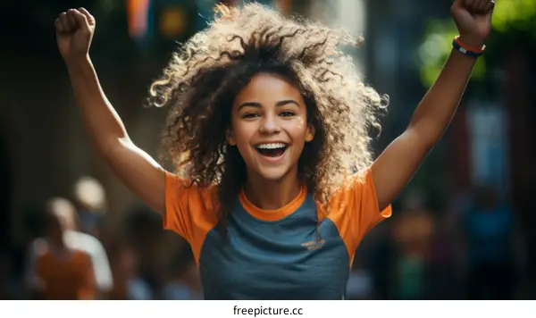 Ecstatic young woman with curly hair celebrating her victory in a race