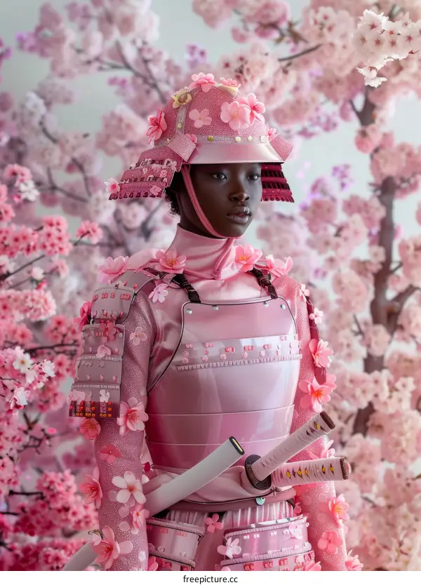 Black woman wearing a pink samurai armor with cherry blossoms