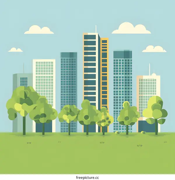 Modern City Skyline With Green Trees