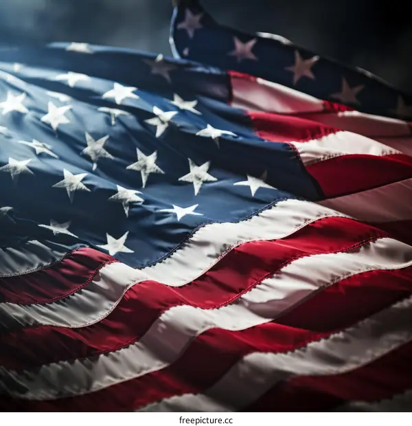 Close-up of the American flag waving in the wind